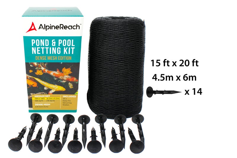AlpineReach Koi Pond Netting Kit 15 x 20 ft Black Heavy Duty Woven Fine Mesh Net Cover for Leaves - Protects Koi Fish from Blue Heron Birds, Cats & Predators â€“ Reusable & Stakes Included - Image 2